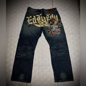 Vintage Ed Hardy Dark Blue Men's Jeans with Embroidered Design on Back